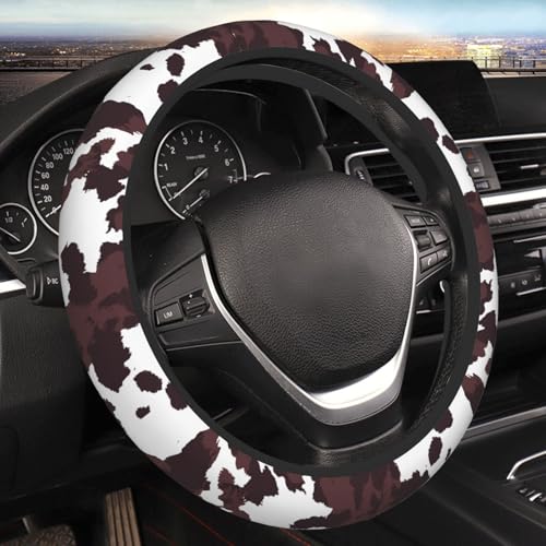 Brown Cow Print Neoprene Steering Wheel Cover for Men Women Anti-Slip Elastic Steering Wheel Protective Cover 15in Universal Car Accessories Fit Cars SUVs Auto