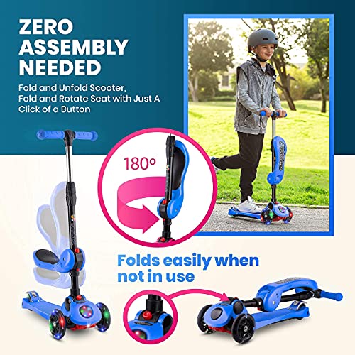Kick Scooters for Kids Ages 3-5 (Suitable for 2-12 Year Old) Adjustable Height Foldable Scooter Removable Seat, 3 LED Light Wheels, Rear Brake, Wide Standing Board, Outdoor Activities for Boys/Girls