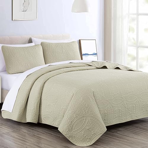 Image of Chezmoi Collection Austin Queen Bedspread Set 3-Piece Pinsonic Quilted Oversized Bedspread Coverlet Set, Queen, Tan