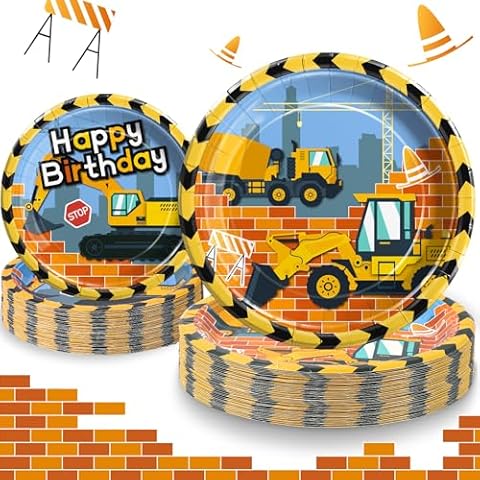 Construction Birthday Party Paper Plates 40 Counts, Construction Truck Birthday Disposable Tableware Tractor Dump Digger Vehicle Theme Dinner Dessert Paper Dishes for Kids Boys Birthday-20 Guests Cover