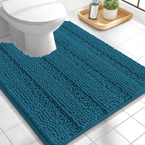 Image of OLANLY Thick Toilet Rugs U-Shaped 24x20, Extra Soft Absorbent Chenille Striped Contour Bathroom Rugs for Toilet, Dry Quickly, Machine Washable, Non-Slip Bath Mat, Peacock Blue