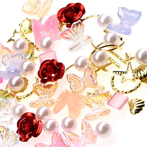 3D Nail Stud Butterfly Rose Nail Charms Aurora Colorful Nail Art Glitter With Rhinestone Artificial Pearl Nail Stickers For Women Girls Diy Craft Jewel Flower (Red) #TOP1