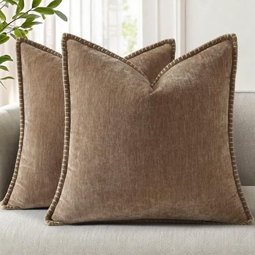 Image of decorUhome Fall Chenille Soft Cozy Throw Pillow Covers 22x22 Set of 2, Modern Farmhouse Boho Velvet Decorative Euro Sham Pillow Cases with Stitched Edge for Couch Sofa Bed Home Decor, Brown
