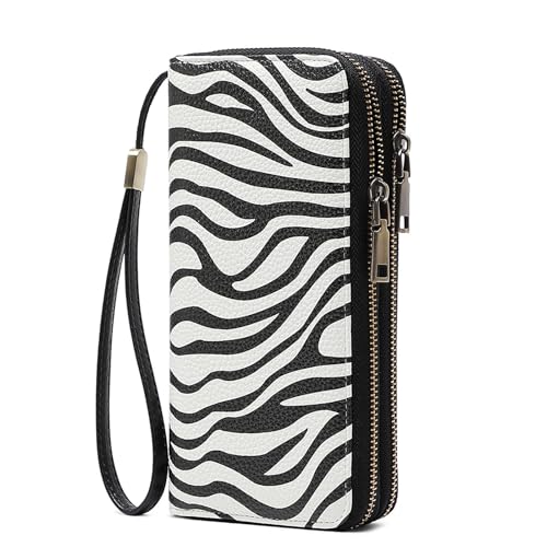 Image of Women Leather Wallet Crossbody Shoulder Bag with Double Zipper and Mobile Phone Purse with Shoulder Strap