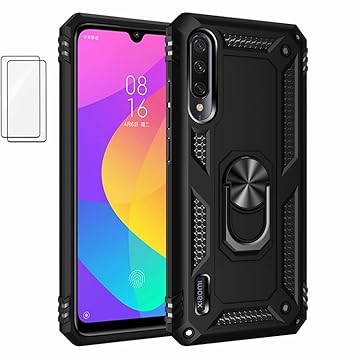 Capa para Xiaomi Mi A3 Capinha com protetor de tela de vidro temperado [2 Pack], Case para telefone de proteção militar com suporte para Xiaomi Mi A3 (preto)