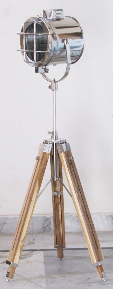 Nautical Chrome Spot Light Searchlight Studio Floor Lamp Teak Wood Tripod Stand
