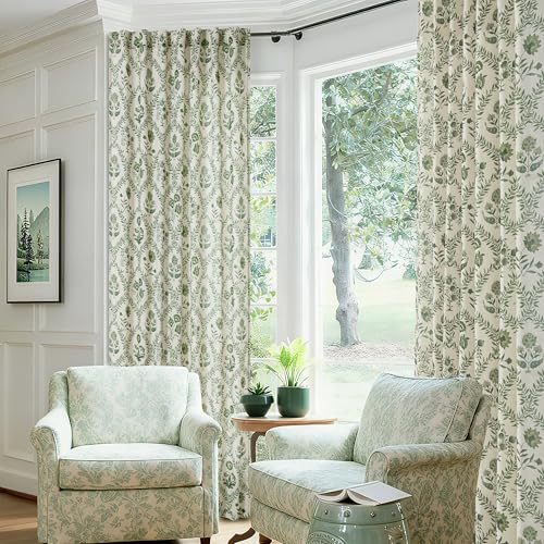 Image of Olive Floral Linen Curtains for Living Dining Room 86 Inch Length 2 Panels