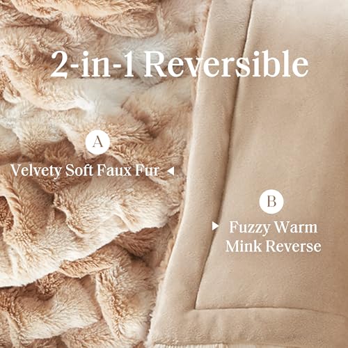 Madison Park Ruched Fur Throw Faux Fur Blanket, 50" x 60", Tan Tie Dye - image 3