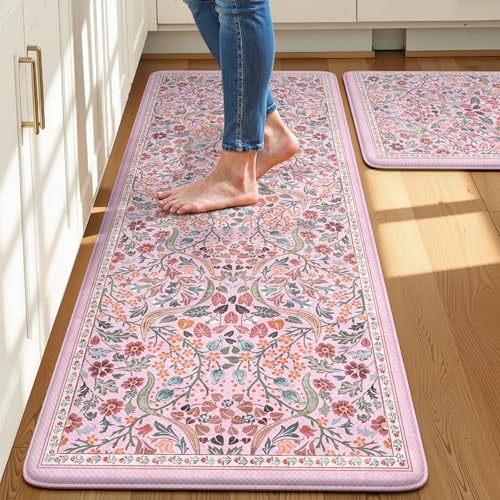 Collive Kitchen Mats Cushioned Anti Fatigue, Pink 20"x47"+20"x32"