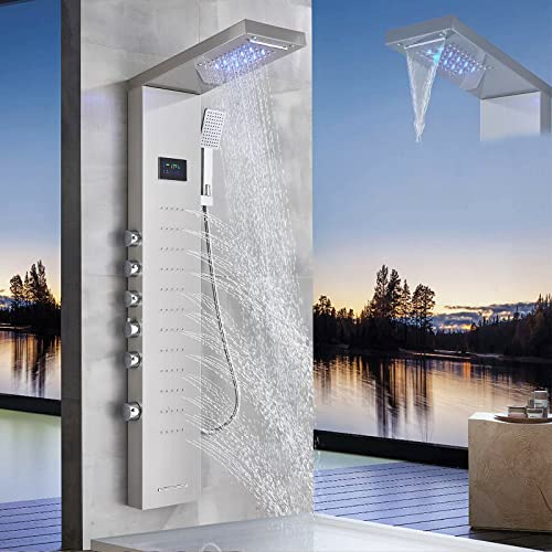 Panel de ducha de lluvia en acero inoxidable con luces LED, sistema de torre con chorros de masaje corporal
