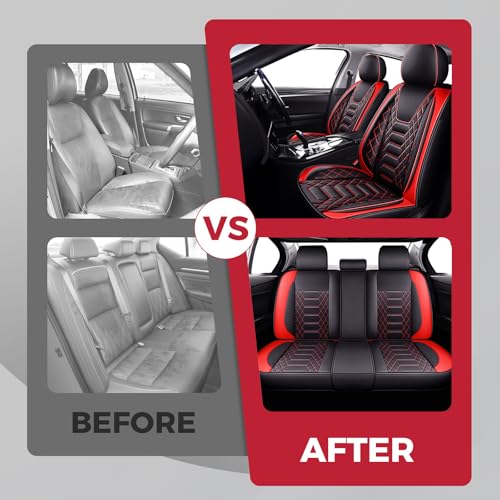 Image of FREESOO Universal Car Seat Covers Full Set Faux Leather Black Red