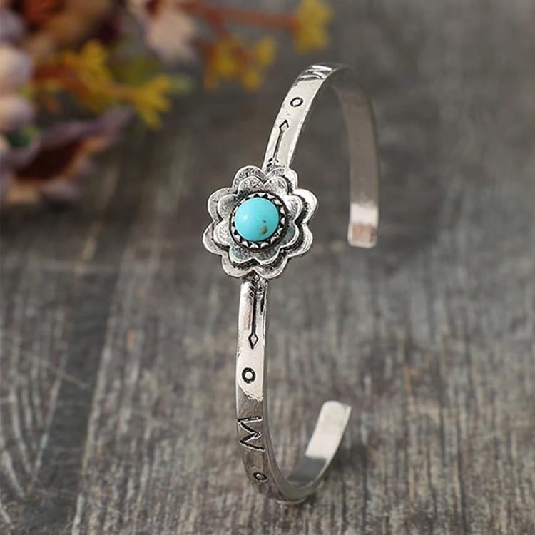 Chunky Silver Bohemian Flower Bracelet For Wemen Men, Turquoise Stackable Boho Non Tarnish Bangles Couples Jewelry Retro Gift - Image 3
