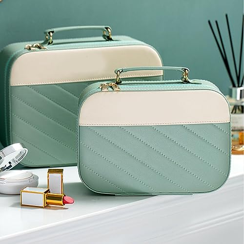 Mallette de maquillage grande capacité imperméable en cuir PU vert avec compartiments - 3