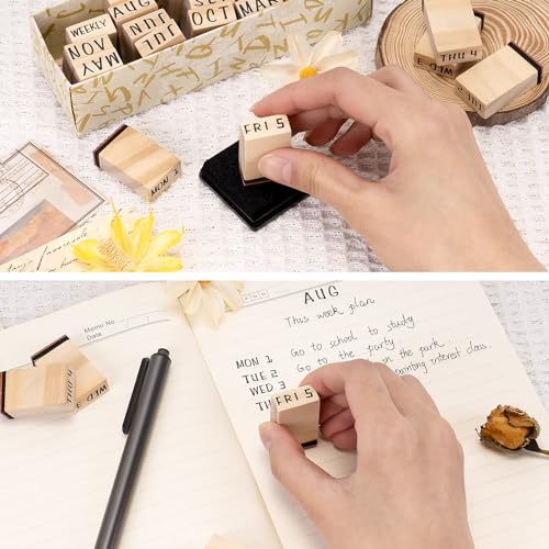 Toptime Wooden Rubber Stamps, 20 Pieces Month and Days of Week Rubber Stamp Kit with Ink Pad, Small Wood Stamps with Storage Box, Vintage Craft Stamps for Planner Diary Scrapbooking Journaling