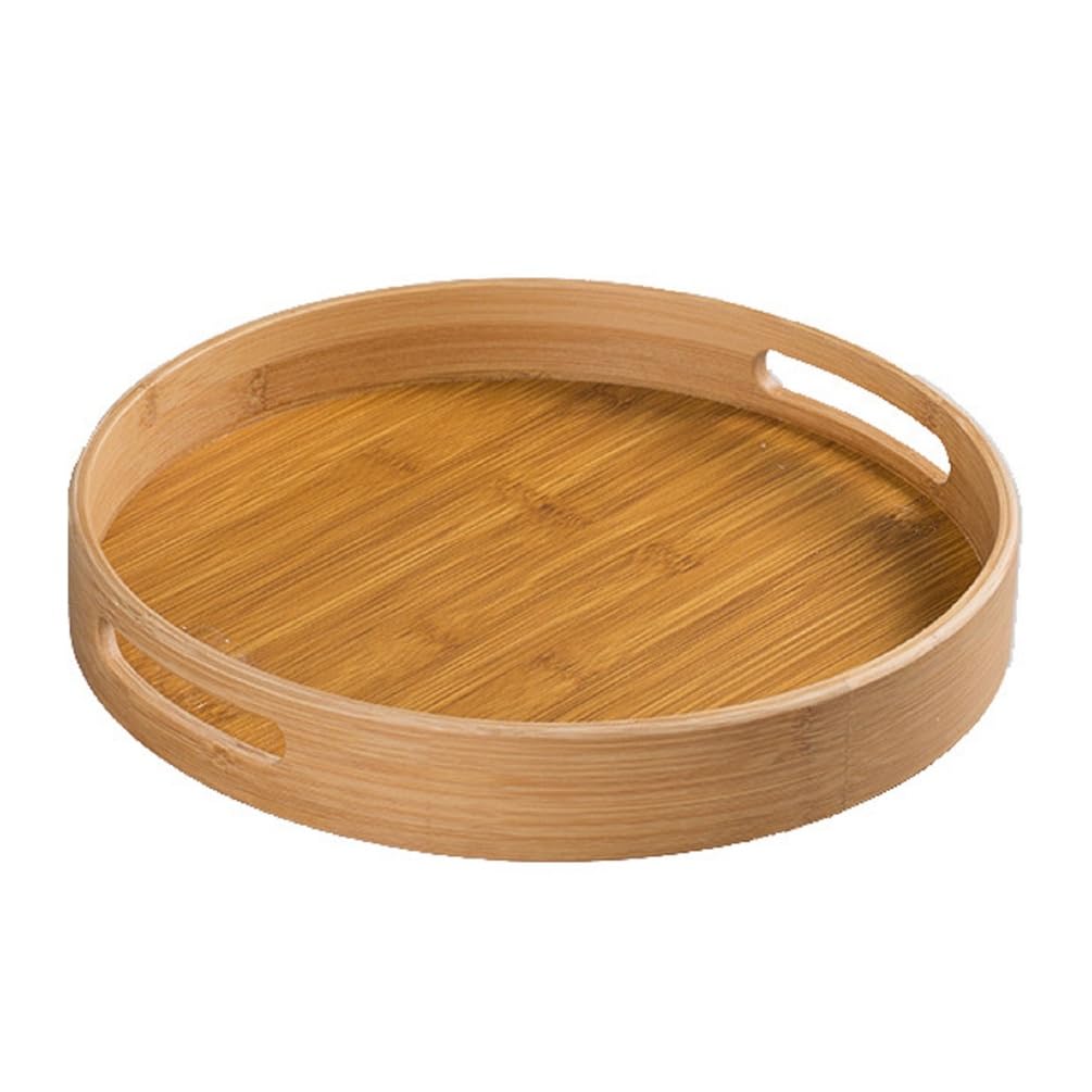 Bandeja de Servir de Madera de bambú, Bandeja de Servir Redonda, Bandeja de Madera Redonda Bandejas de Servir de bambú con Asas, Bandeja otomana para Pan, Fruta, café, Leche, té,25cm