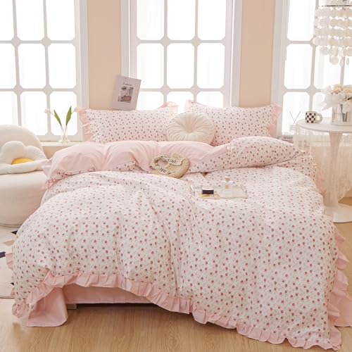 Image of VM VOUGEMARKET Blooming Duvet Cover Set Twin Pink Striped Ruffle Duvet Cover with Zipper Ties 100% Cotton Cute Romantic Girls Comforter Cover with 2 Pillowcases