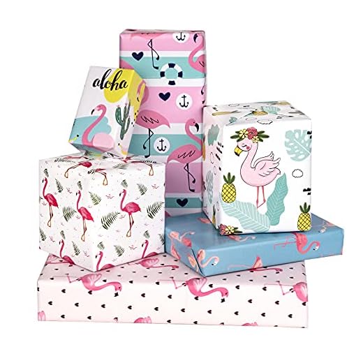 MAYPLUSS Wrapping Paper Sheet - Folded Flat - 6 Different Flamingos Design (45.2 sq ft.ttl) - 27.5 inch X 39.4 inch Per Sheet