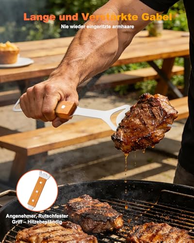 BBQ Grillbesteck Set 3-teilig, SeyYega Edelstahl Grillzubehör mit Holzgriff, 38 cm Grillzange, 42 cm Fleischgabel, Spülmaschinenfest, Profi Grillbesteck für Holzkohlegrill, Gasgrill & Camping