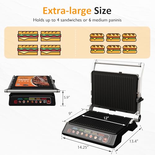 Image of Sunvivi Indoor Grill & Griddle with Preset Menu, 1600W Electric Panini Press Sandwich Maker, Removable Nonstick Plates, Locking Lid, Double-sided Grill with 180 Flat Opening, Stainless Steel, Black