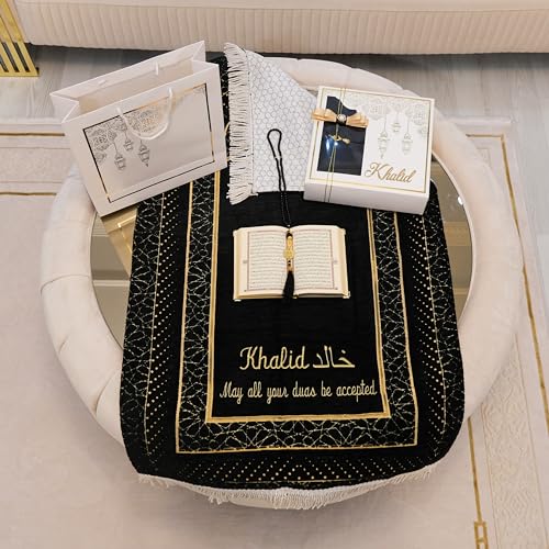IEF-Personalized-Mehrab-Patterned-Embroidered-Luxury-Prayer-Rug-Prayer-Beads-Quran-Islamic-Gift-Set-Ramadan-Eid-Hajj-Umrah-Wedding-Birthday-Mothers-Day-Fathers-Day-Valentines-Day-Gifts-Black