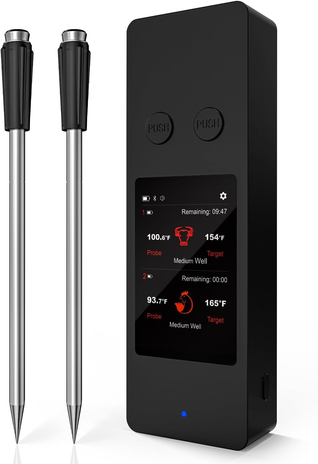 Wireless Meat Thermometer Bluetooth 5.3 with Touch Screen, Rechargeable Base, 2 IP68 Waterproof Probes, 800FT Range, Audible Alarm, Kitchen Food Thermometer for Cooking Smoker BBQ