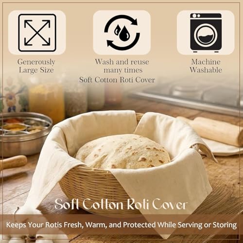 Image of Cotton Roti Cloth Wrap (Pack of 2) | Double Layer Chapati Cover with Flaps | Soft Breathable Fabric for Keeping Rotis Fresh & Warm | Traditional Kitchen Roti Wrap for Tiffin & Storage (roti cover-2)