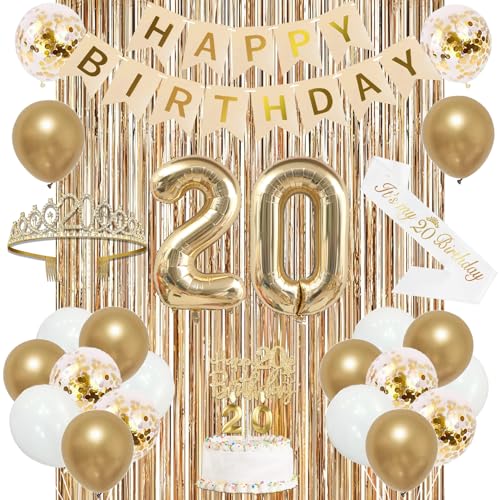 Image of Trgowaul Happy 20th Birthday Decorations for Girls, Banner, Sash and Crown, Cake Topper, 20 Number Balloon, Fringe Curtains, Champagne Gold 20th Birthday Party Supplies