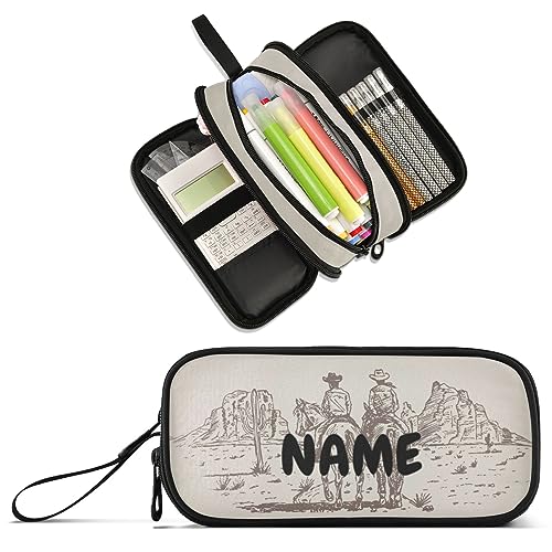 Image of Personalized Cowboy Large Capacity Pencil Case Pencil Pouch Pen Box | 3 Compartment Large Storage Pencil Bag for Adults School Office Teen Girl Boy Men Women