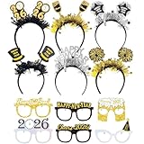 12 Stück Silvester Deko 2026 Party Fotoautomat Requisiten Zubehör Silvester Haarreif,Fotobox Accessoires Happy New Year Dekoration Glitter,Glücksbringer Neujahr Zubehör (6*Haarbänder + 6*Gläser)