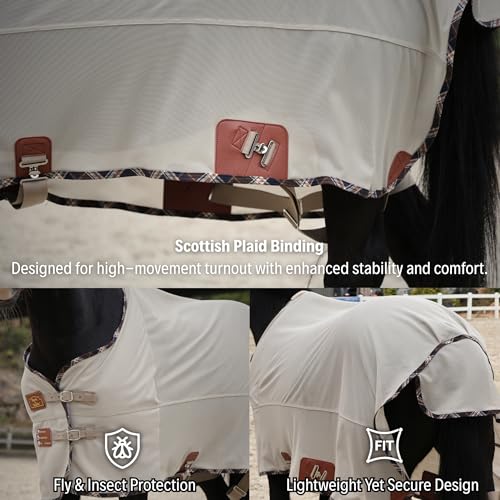 Image of BARN & STABLE Breathable and UV Protective Tear-Resistant Mesh Horse Fly Sheet Comfy Equine Summer Sheet with Removable Web Leg Straps (Sand, 69 in)