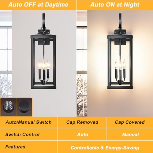 Image of 24 inch Extra Large Dusk to Dawn Exterior Lighting Fixtures, Front Porch Lights | Waterproof Outdoor Wall Lights Exterior Lighting Fixtures, Rust Proof Outside Wall Lanterns 3-Light for Garage, Black, 2-Pack