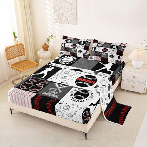Image of Castle Fairy Patchwork Baseball Fitted Sheet King Size 4 Pcs,Sports Geometric Grid Red Grey Teens Sheets,Baseball Bedding Sets (1 Fitted,1 Flat,2 Pillowcases)