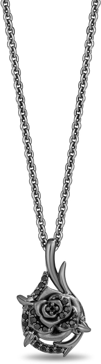 Jewelili Enchanted Disney Fine Jewelry Black Rhodium over Sterling Silver with 1/6 CTTW Diamonds Maleficent Thorny Rose Pendant Necklace