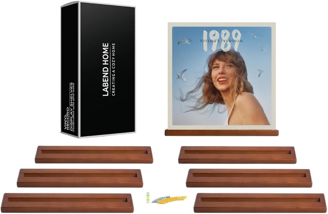 LABEND HOME Vinyl Record Bookshelf - Set of 8 Floating Shelves for LP Album Storage - Solid Pine Wood Wall Mount Display - Easy Install Hardware Included - Brown