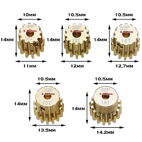 ECSiNG 5 Stück 32DP 3,175 mm Ritzelmotor-Getriebe-Set 12T 13T 14T 15T 16T für 1/10 RC Auto 3650 540 550 bürstenlose Motorwelle Ritzel Ersatzteile