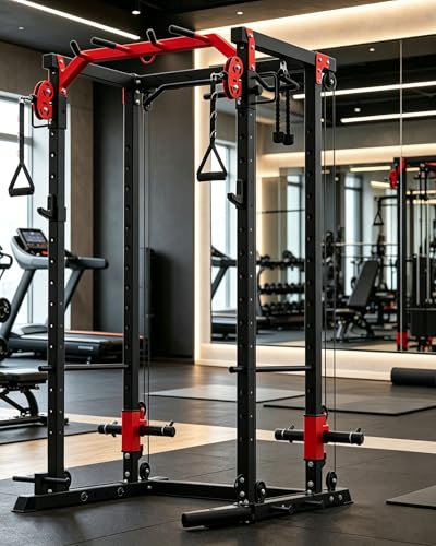 Image of Power Cage, Power Rack with Cable Crossover System, 2000LBS Squat Rack with LAT Pull Down System, Workout Cage with Pulley System for Fitness Home Gym Strength Training (Red&Black)
