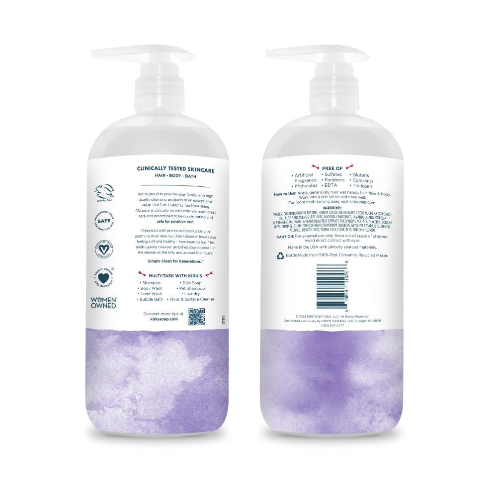 Kirk's 3-in-1 Head to Toe Nourishing Liquid Cleanser- for Men, Women & Children - Premium Coconut Oil & Aloe Vera- Non GMO & Vegan - Lavender and Vanilla - 32 Fl Oz. - 2 Pack
