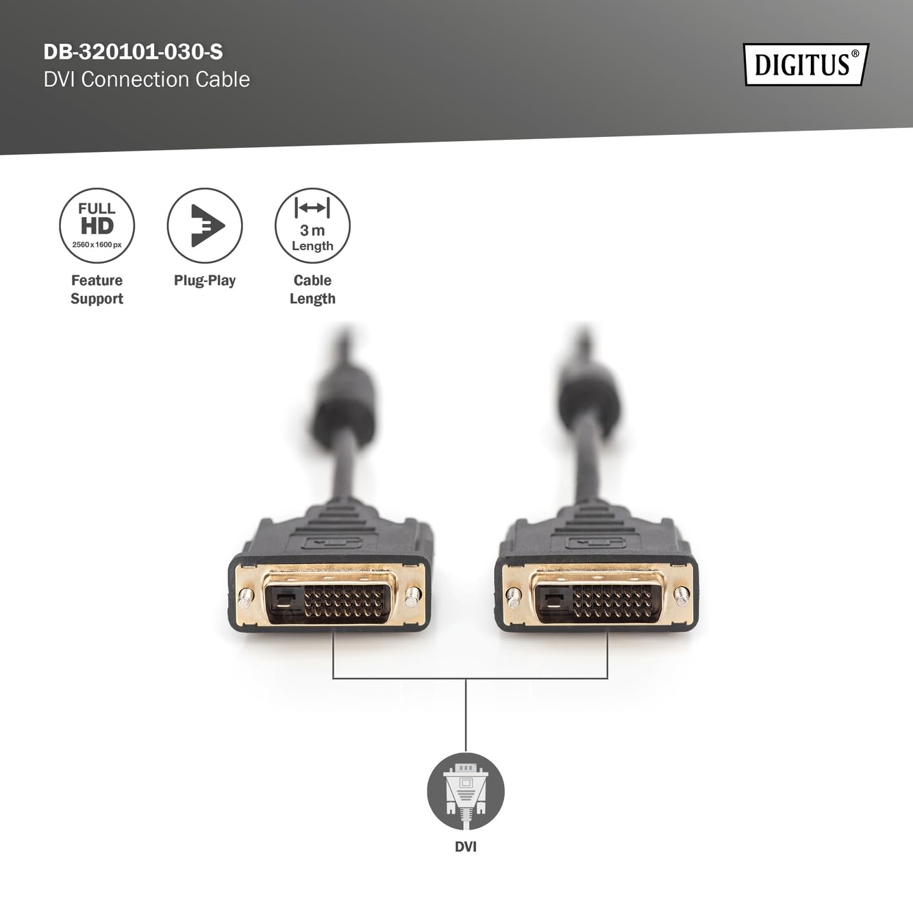DIGITUS Cavo di Collegamento DVI, DVI(24+1), 2X ferrit M/M, 3,0 m, DVI-D Dual Link, Nero