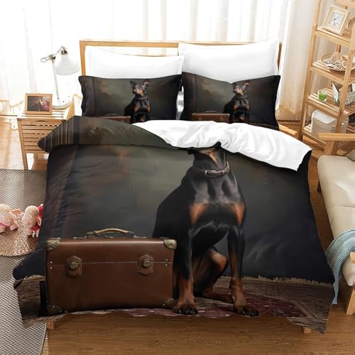 Parure de lit Doberman 200x200 housse couette 3D microfobre pour lit double - 3