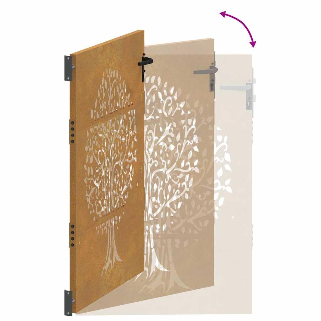 Gartentor 85x125 cm Cortenstahl Rostoptik Baum-Design abschließbar Modernes Zauntor für Garten Terrasse und Eingangsbereich