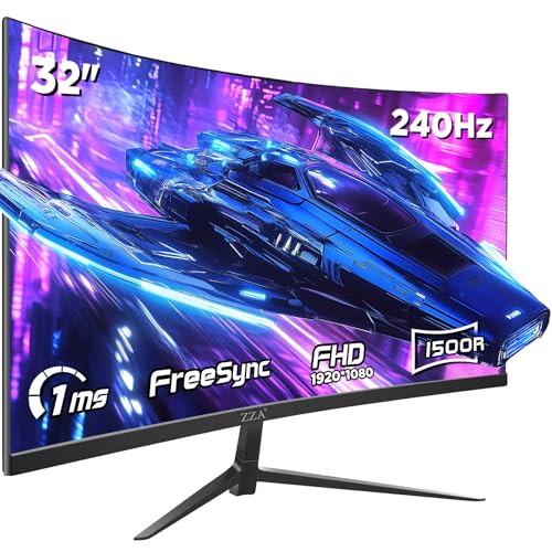 Image of ZZA 32 Inch Curved Gaming Monitor, 240Hz High Refresh Rate, FHD 1920x1080P, Curved 1500R, HDMI 2.0 /DP1.4, 1ms MPRT, HDR, FreeSync, VESA Compatible, Tilt Adjustable