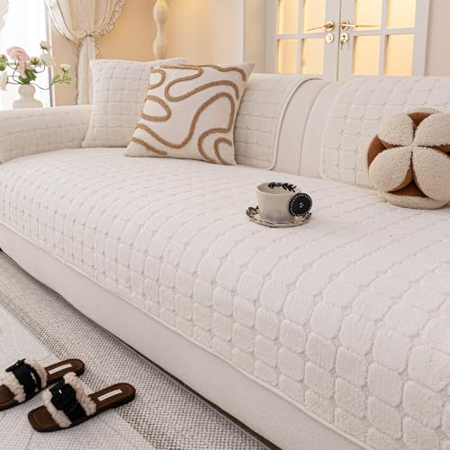 JPGGD Velvet Sofa Covers Washable, Plush Warm Couch Cover for Sectional Sofa, Funny Fuzzy Couch Covers for Pets&Kids, Non-Slip Sectional Sofa Cover(1PC, Beige White, 35.4"×94.5", Large Sectional)