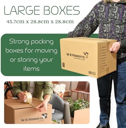 10 Strong Large Cardboard Storage Packing Moving House Boxes with Carry Handles and Room List – Ideal for Storage, Moving, and Packing 18" x 11" x 11" internal. Made in the UK - View 4