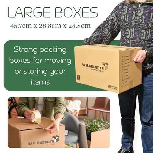 W.E. Roberts 20 Large Strong Cardboard House Moving Boxes with Carry Handles Room List, Removal Packing boxes Boxes for moving house with Tape