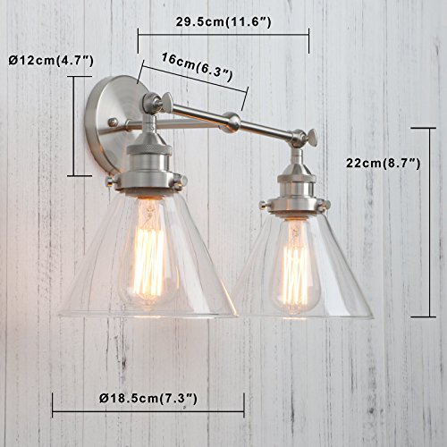 Image of PERMO Industrial Vintage Slope Pole Wall Mount Single Sconce with Funnel Flared Clear Glass Shade Wall Sconce Light Lamp Fixture Hardwired (Antique Gold) (Brushed, Funnel Flared 2-Light Hardwired)