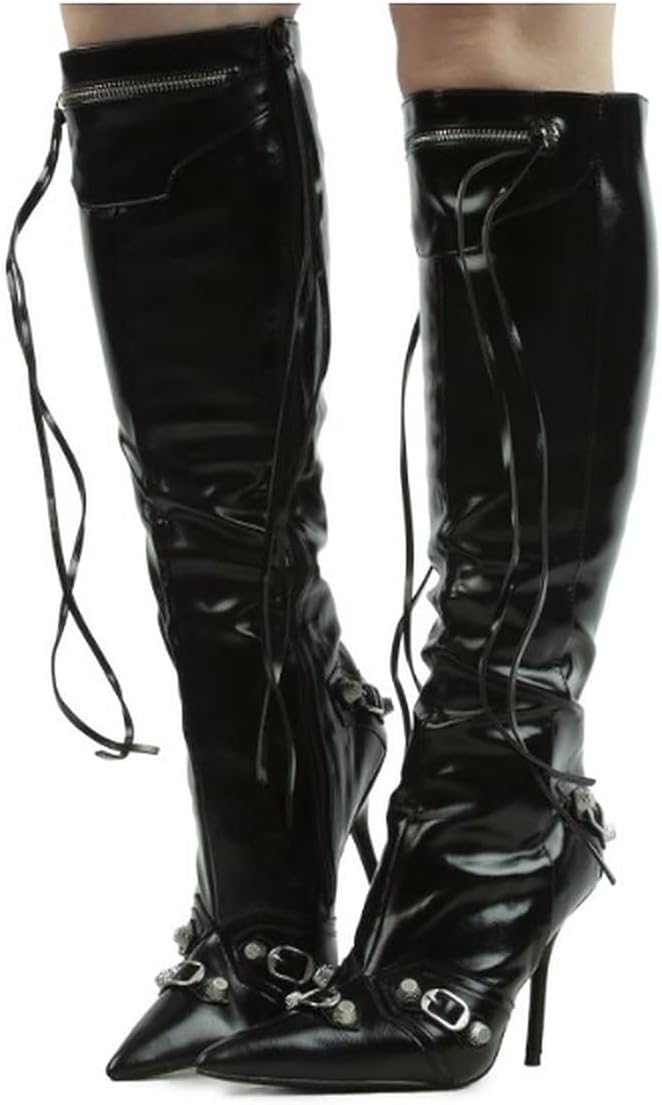 Liliana Womem Knee High Boots Pointed Toe Stiletto Heels Side Zipper Rivets Tassels Boots Bexie-3