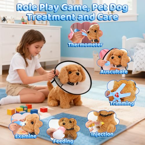 UBeesize 31Pcs Arztkoffer Kinder mit Elektrischer Hund Spielzeug der Läuft und Bellt, Interaktiver Hund Echt Stethoskop, Thermometer für Tierarzt Spielzeug Arztkoffer Kinder ab 3-5 Jahre Blau