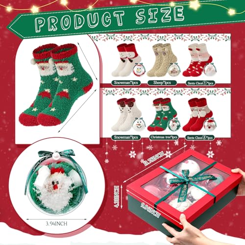 Image of Foaincore 6 Pairs Christmas Fuzzy Socks for Women with Transparent Ball and Gift Box - Cute Warm Winter Socks - Fluffy Cozy Sphere Slipper - One Size Fits Most
