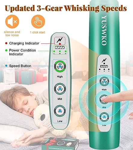 Image of YUSWKO Handheld Milk Frother Wand for Coffee, Rechargeable Electric Whisk with 3 Heads 3 Speeds Drink Mixer Coffee Frother For Latte, Cappuccino, Hot Chocolate, Egg, Green