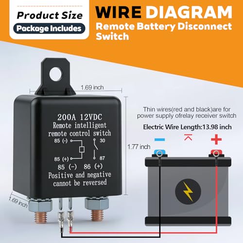 Remote Battery Disconnect Switch 12V, 200A Remote Control Battery Kill Switch, Anti Theft and Battery Drain Automatic Power Shut Off Switch for Car, Auto, ATV, Truck Detail